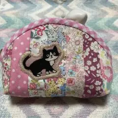 ♪ハンドメイド♪パッチワーク♪ミニポーチ・ピンク♪ハチワレ猫ちゃん・ピンク♪