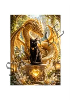 ゴールド猫の戦士 ファンタジーアートポスターa4額付き発送♥レア♥ 夕暮れに願いを託す猫✨幻想の城と三日月 A4アートポスター 猫好き