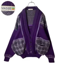 レトロ古着パープル×ビッグ織り柄モヘアMIXニットカーディガンゆったりサイズ