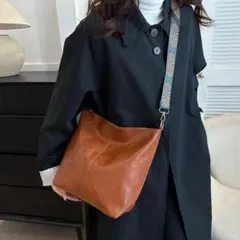 2WAY ヴィンテージ調 バケットバッグ 茶 刺繍ストラップ付き ショルダー