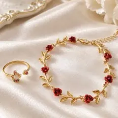 薔薇モチーフ ブレスレット＆リングセット ゴールドカラー