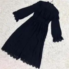 PATIO WEAR フレアワンピース　フリル　カットワーク　ブラック　（M）