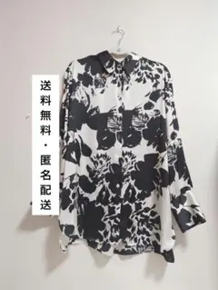 ZARA サテン生地 モノトーン ボタニカル柄 長袖 シャツ ブラウス 花柄