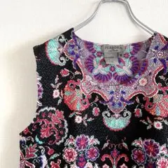 used プリーツデザイントップス 花柄 マルチカラーノースリーブ 古着