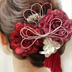 レッド＆ローズピンク〜和装花髪飾り〜結婚式　成人式　卒業式　振袖　着物　袴　水引