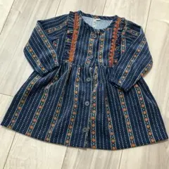 花柄 コーデュロイ ワンピース 長袖　紺色　ベビー