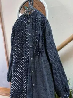 古布リメイク　久留米絣チュニック　シャツ　コート　雪ん子　フリル　ハンドメイド