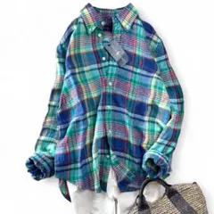 未使用タグ付 ラルフローレン リネン マドラスチェックシャツ ポニー刺繍M