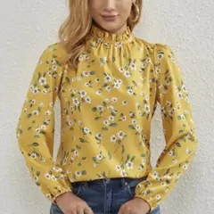 花柄ブラウス 長袖 フリルネック イエロー　2L
