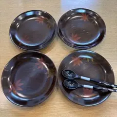 木製紅葉模様皿4枚セット