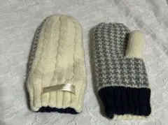 ウール ケーブル編み チェック柄 ミトン