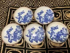 古伊万里焼 染付口紅付梅牡丹に折紙中皿(5枚セット)