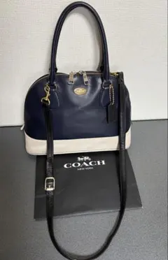 COACH コーラドームレザーサッチェルベージュネイビーショルダー2wayバック