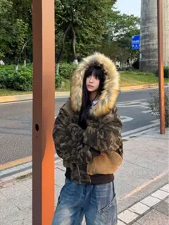 〖25AWトレンド〗短丈ファージップ 迷彩 opium y2k