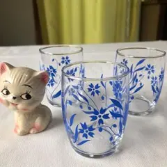 レトロ❣️昭和レトロ❣️青いお花　ガラスコップ　グラス3個❣️デッドストック新品未使用