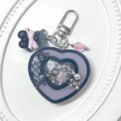 ダブルハートシェイカーキーホルダー　リボン　ブラック×ピンク　(訳あり)
