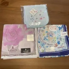新品 未使用 LANVIN 絹混 大判 ハンカチ　まとめ売り3点　ピンク　ブルー