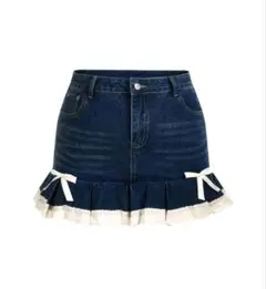 デニムスカート　リボン　レース　大きいサイズ　2XL