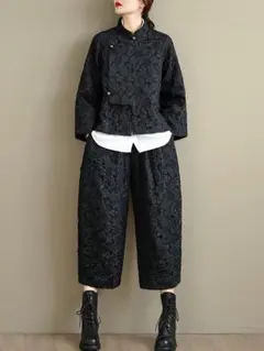 高級感 レトロ ブラウス アウター おしゃれ 2点 セット ワイドパンツ