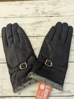 レディース　羊革手袋　ネイビー　フリーサイズ　ファー付　裏起毛　レザー手袋　手袋