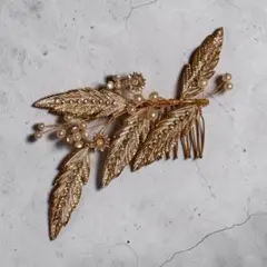 【美品】ウェディング ヘッドドレス コーム ゴールド リーフ パール