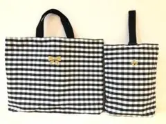 ギンガムチェック レッスンバッグ シューズ袋 2点セット ラメ リボン 入園入学