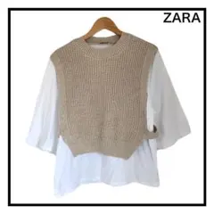 ザラ　ベスト　ニット　ドッキング　Tシャツ　レディース　半袖　ベージュ　ホワイト