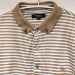 【BURBERRY】メンズボタンダウン半袖ポロシャツベージュ/白ボーダー M