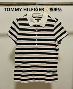 極美品✨TOMMY HILFIGER半袖ポロシャツ ストライプ黒/白/ピンクM