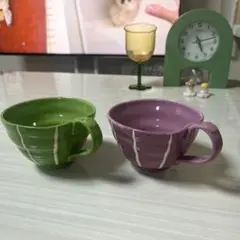 スープカップ 2個セット グリーン パープル ストライプ柄　波佐見焼