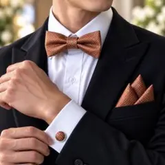 3点セット 蝶ネクタイ カフス ポケットチーフ オレンジ 冠婚葬祭 礼服
