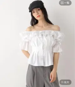 Heather オフショルダー フリル ホワイトシャツ