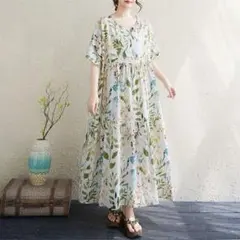 プリント 体型をカバー リゾート 着痩せ Aラインワンピース ラウンドネック