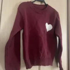 バーガンディ ハート刺繍 長袖ニットセーター