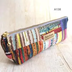 ハンドメイド＊ペンケース＊裂き織とくるみ柄＊カラフル＊内布カーキ