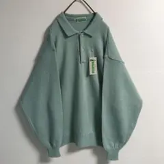 日本製 90s デッドストック 襟付きニット メンズL ハーフボタン 水色