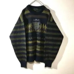 【個性派古着】日本製　総柄デザインセーター　豪華刺繍入り　マルチカラー　メンズＭ