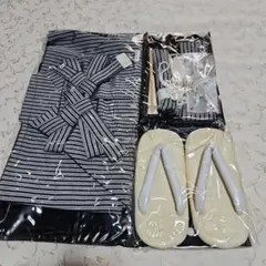 #8-074 (保管品) 七五三 ポリエステル　縞袴7点セット　グレー×紺