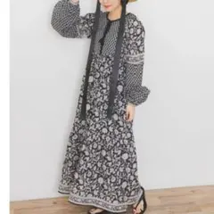 新品　サニーレーベル　MIXフラワープリントコットンワンピース　ブラック