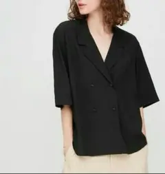 イネス　UNIQLO　レーヨンオープンカラーブラウス　タグ付　ブラック　五分袖