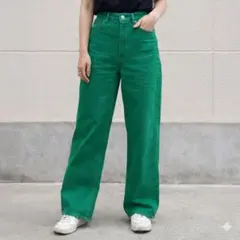 ザラ　ダメージ　グリーン　ストレート　デニムパンツ　無地　コットン　ユニセックス