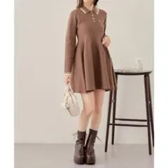 chico 新品　配色ポロニットミニワンピース　ブラウン