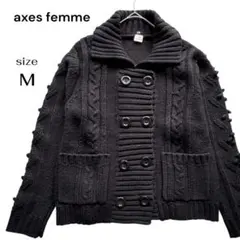 axes femme フェイクファーカラー ダブルボタン ニットカーディガン M