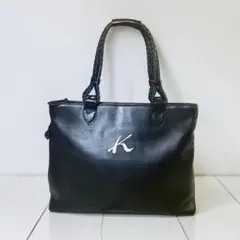 Kitamura キタムラ Kロゴ レザーハンドバッグ黒 編み込みハンドル多収納