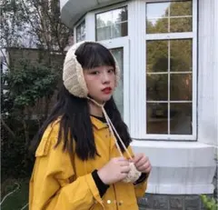 イヤーマフラー 耳当て 防寒 ボア ポンポン付き 韓国 かわいい アイボリー