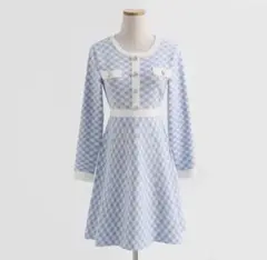 Sibra 水色ギンガムチェック クールネック ワンピース