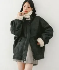 heather ファーカラーBIGムートンジャケット ブラック