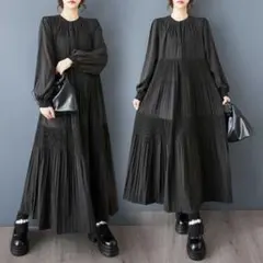 黒　プリーツ　ティアードワンピース　体型カバー　マキシ丈ワンピース　ロングワンピ