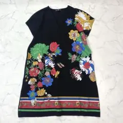 ZARA ザラ　花柄プリント　ノースリーブチュニック　黒　派手　M