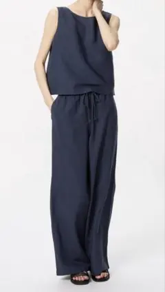 美品 ユニクロ リネンブレンドイージーパンツ丈長め ネイビー XXL